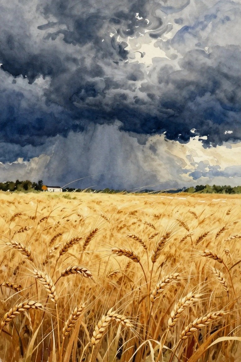 A watercolor painting of a golden wheat field under dark stormy clouds with a distant house on the horizon.