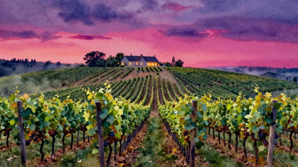 22 Practical Canvas Painting Ideas Designed for Paint-and-Sip Nights Vineyard rows with autumn grapevines under pink-purple sunset sky and distant house