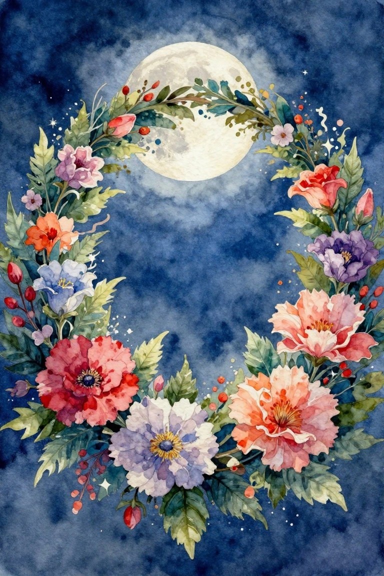 Watercolor floral wreath around a full moon in a starry night sky