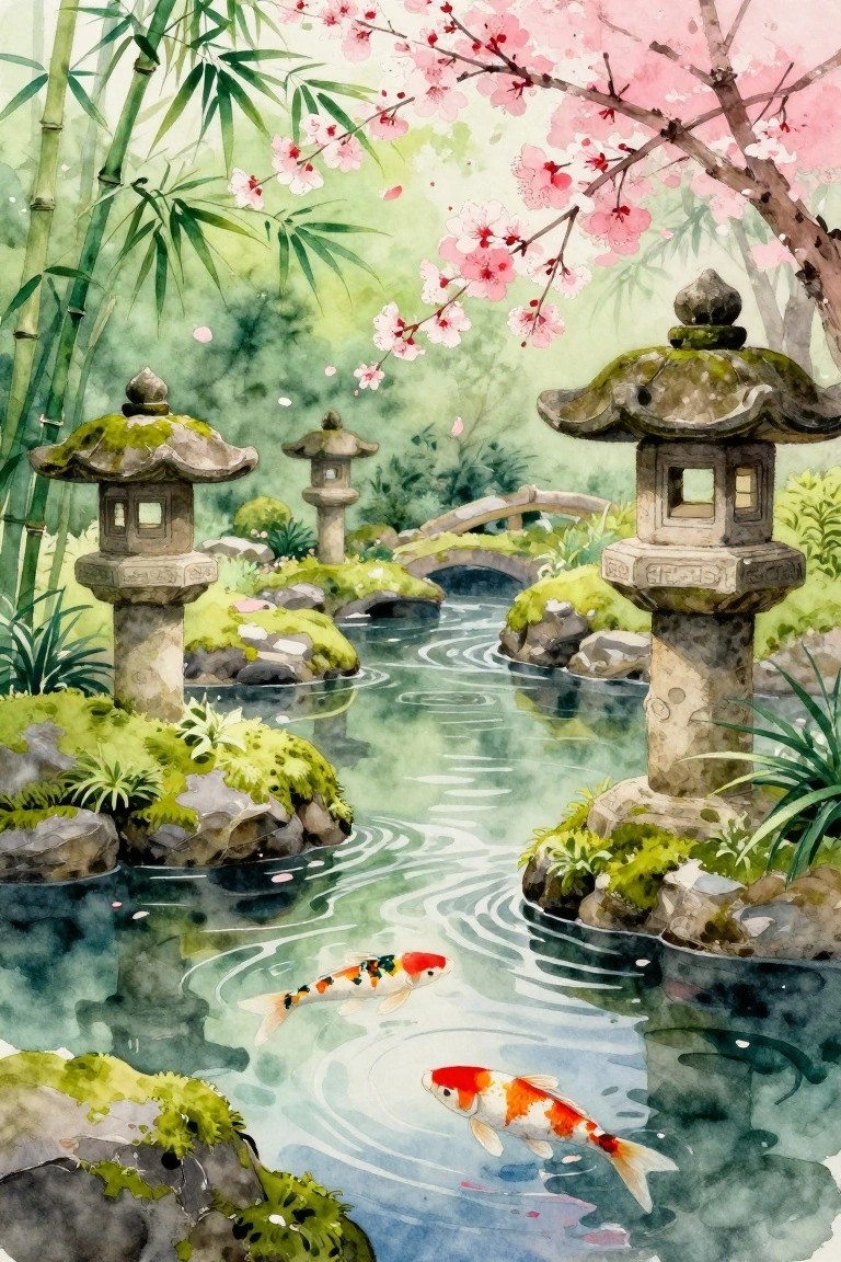 Watercolor of koi fish in a pond with cherry blossoms and stone lanterns