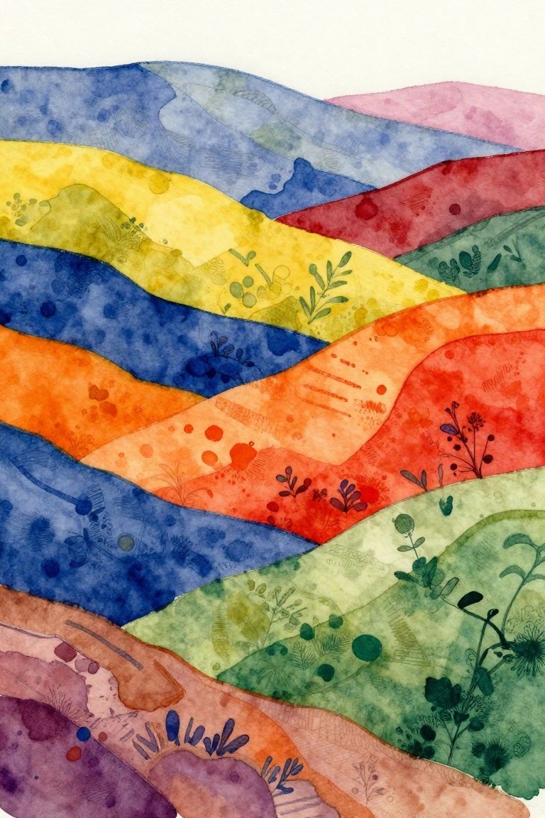 Vibrant watercolor landscape of layered rainbow hills with botanical sketches
