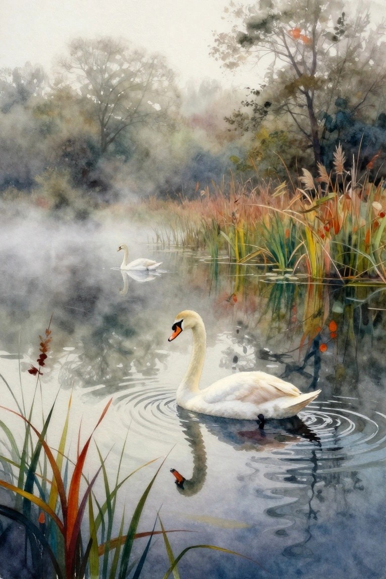 Two white swans on misty lake amid colorful autumn reeds in watercolor style.