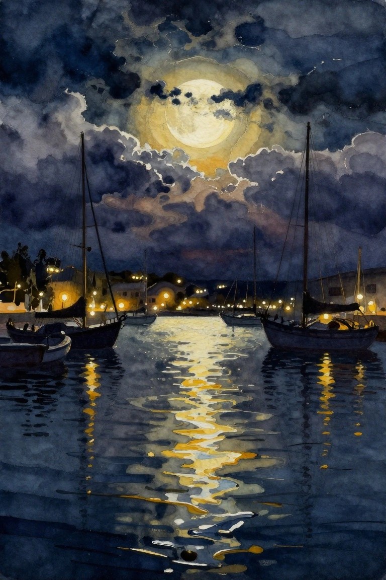 Watercolor of sailboats moored in harbor under full moon with shimmering reflections