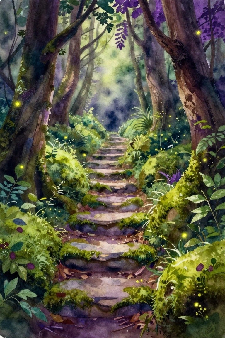 Mystical watercolor forest path with mossy steps, glowing fireflies, and purple blooms.