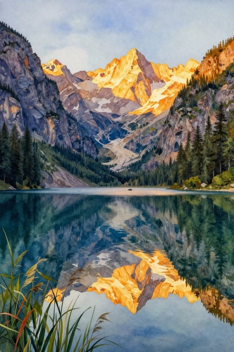 A watercolor landscape painting of snow-capped mountains glowing with golden light, reflected in a calm lake with trees on the slopes and reeds in the foreground.