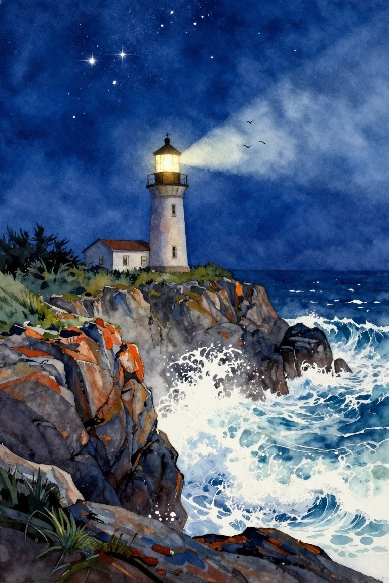 A watercolor painting of a white lighthouse on a rocky cliff at night with its beam shining over crashing waves under a starry sky.