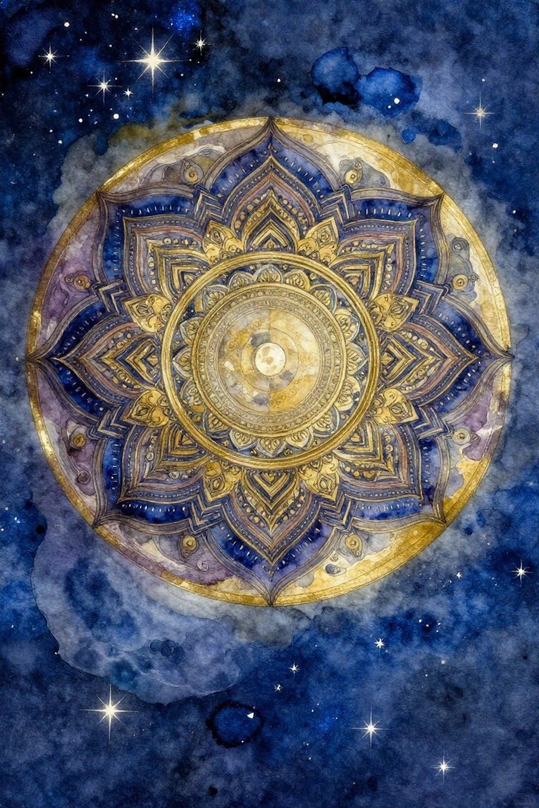 Golden blue mandala with intricate patterns on starry watercolor cosmic background.