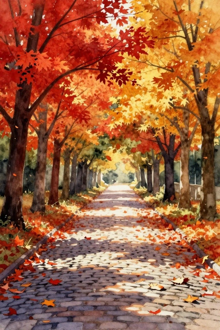 Cobblestone path covered in fallen leaves beneath autumn trees with red and yellow foliage