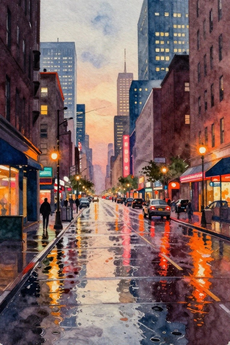 Watercolor of rainy city street at dusk with glowing reflections on wet pavement.