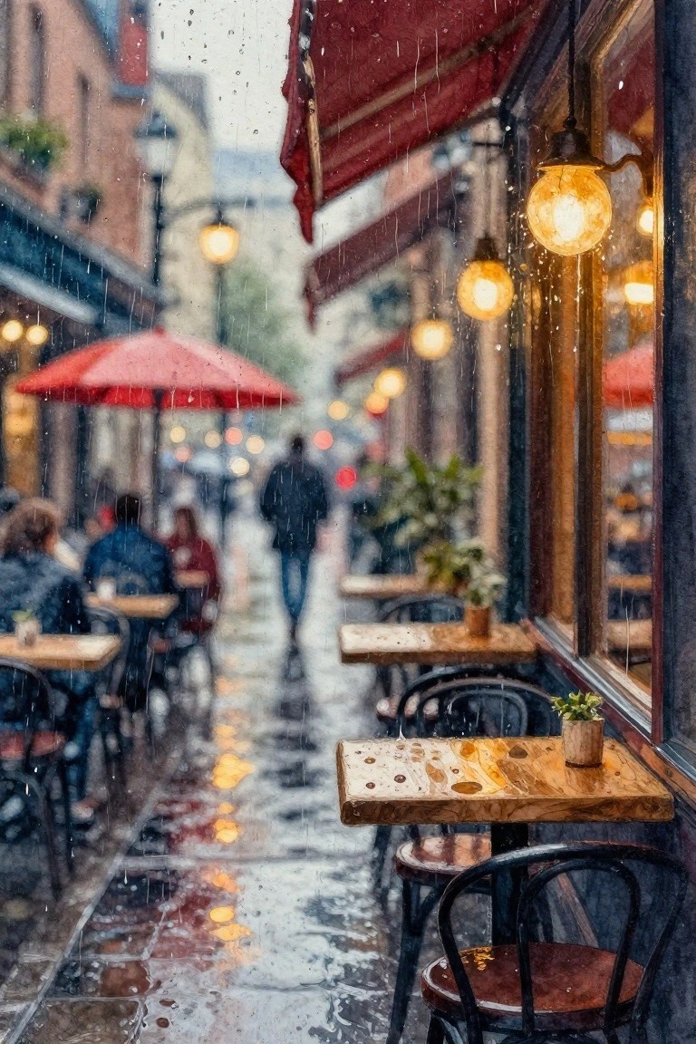 Rainy watercolor cafe street with wet wooden tables, red umbrellas, glowing lanterns