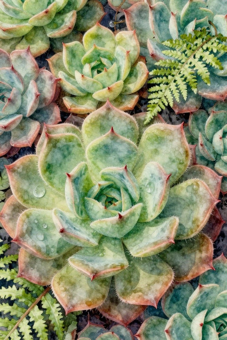 Watercolor succulents with green-pink leaves and glistening water droplets amid ferns.