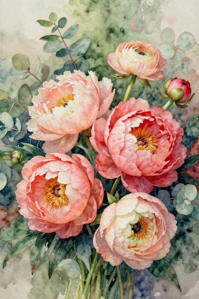 Watercolor peonies in soft pink hues with green leaves and glistening dewdrops.