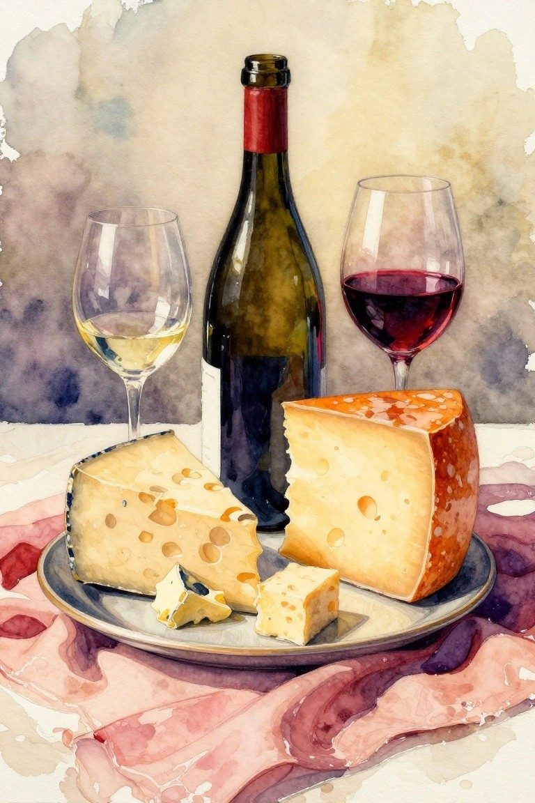 Watercolor still life of wine bottle, red and white wine glasses, and cheese on plate