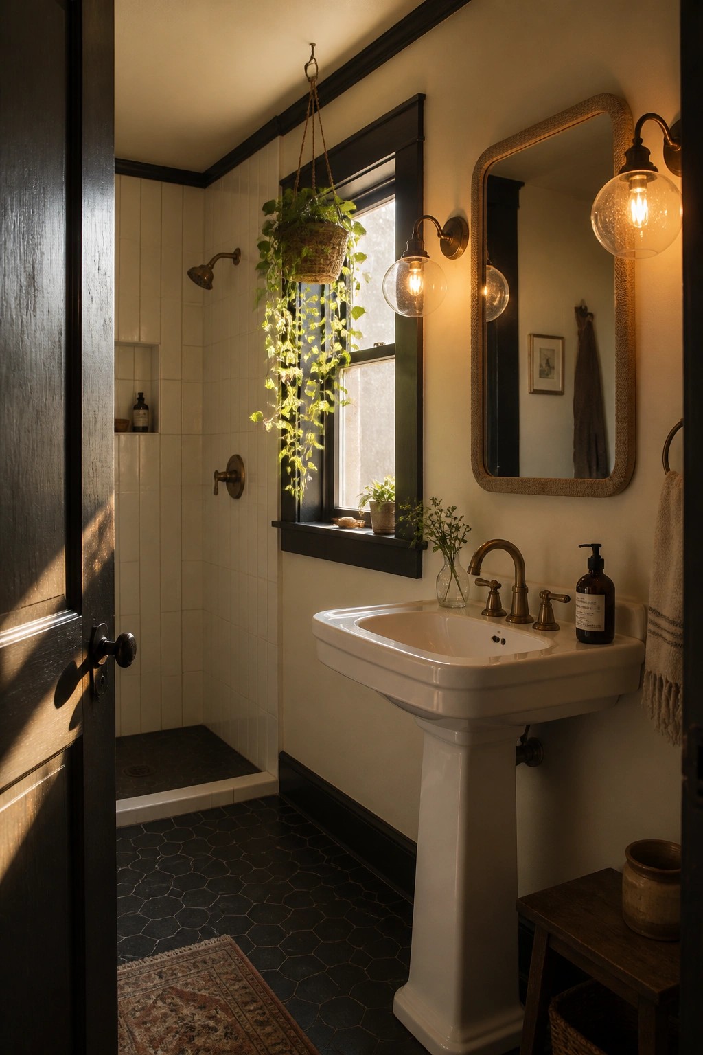 A bathroom with creamy white walls and dark trim.