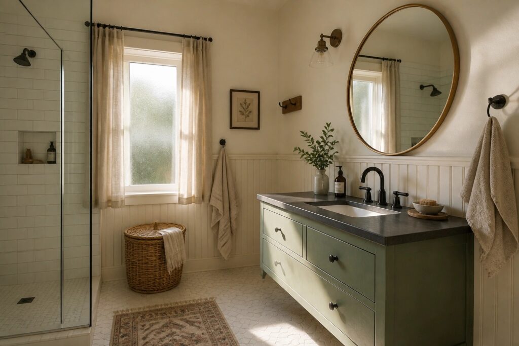 22 Rustic Farmhouse Bathroom Paint Colors Featuring Cream, Sage, Taupe, and Soft Black A farmhouse bathroom with sage green painted vanity cabinets and cream walls.