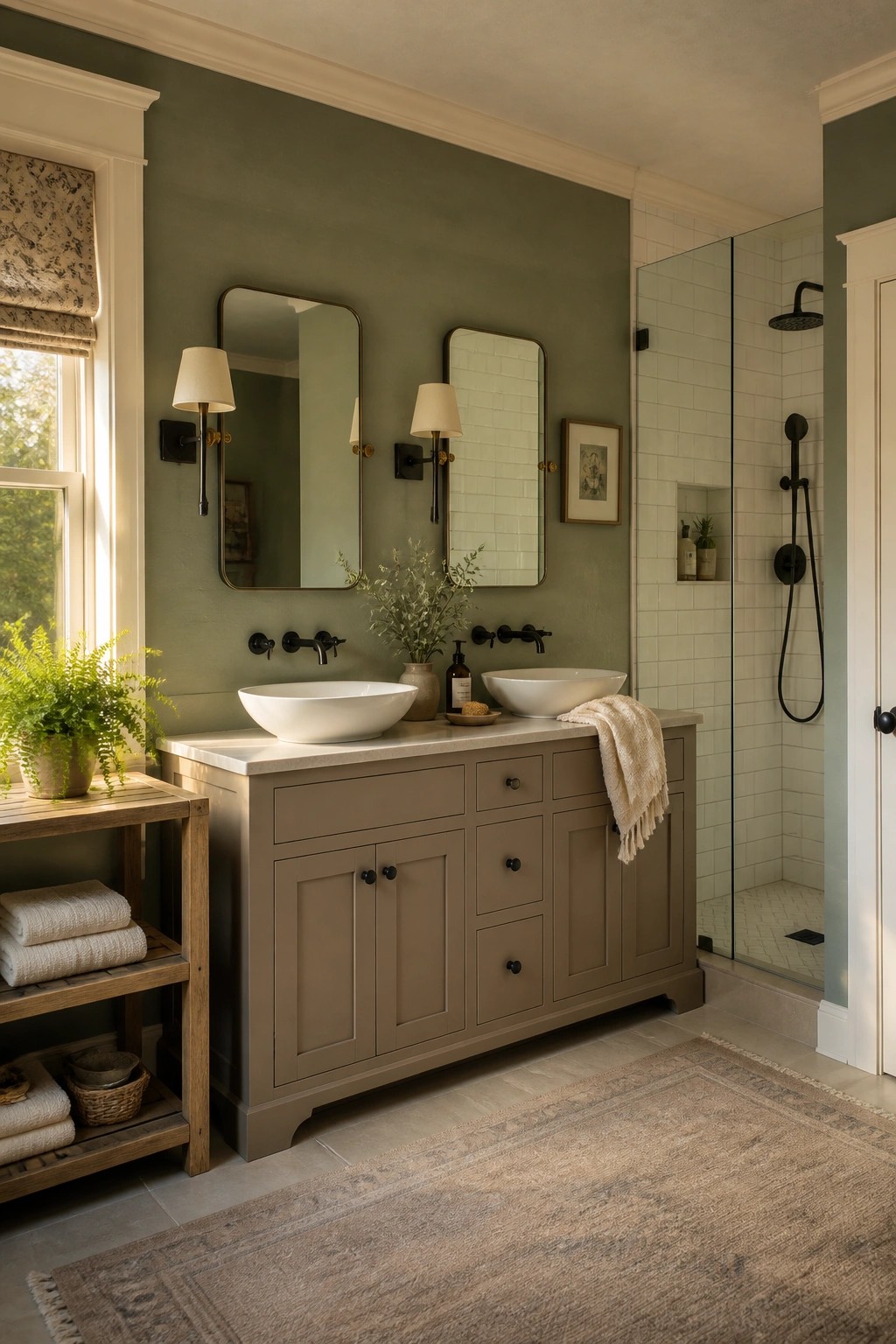 Bathroom walls painted in a soft sage green with a double vanity below.