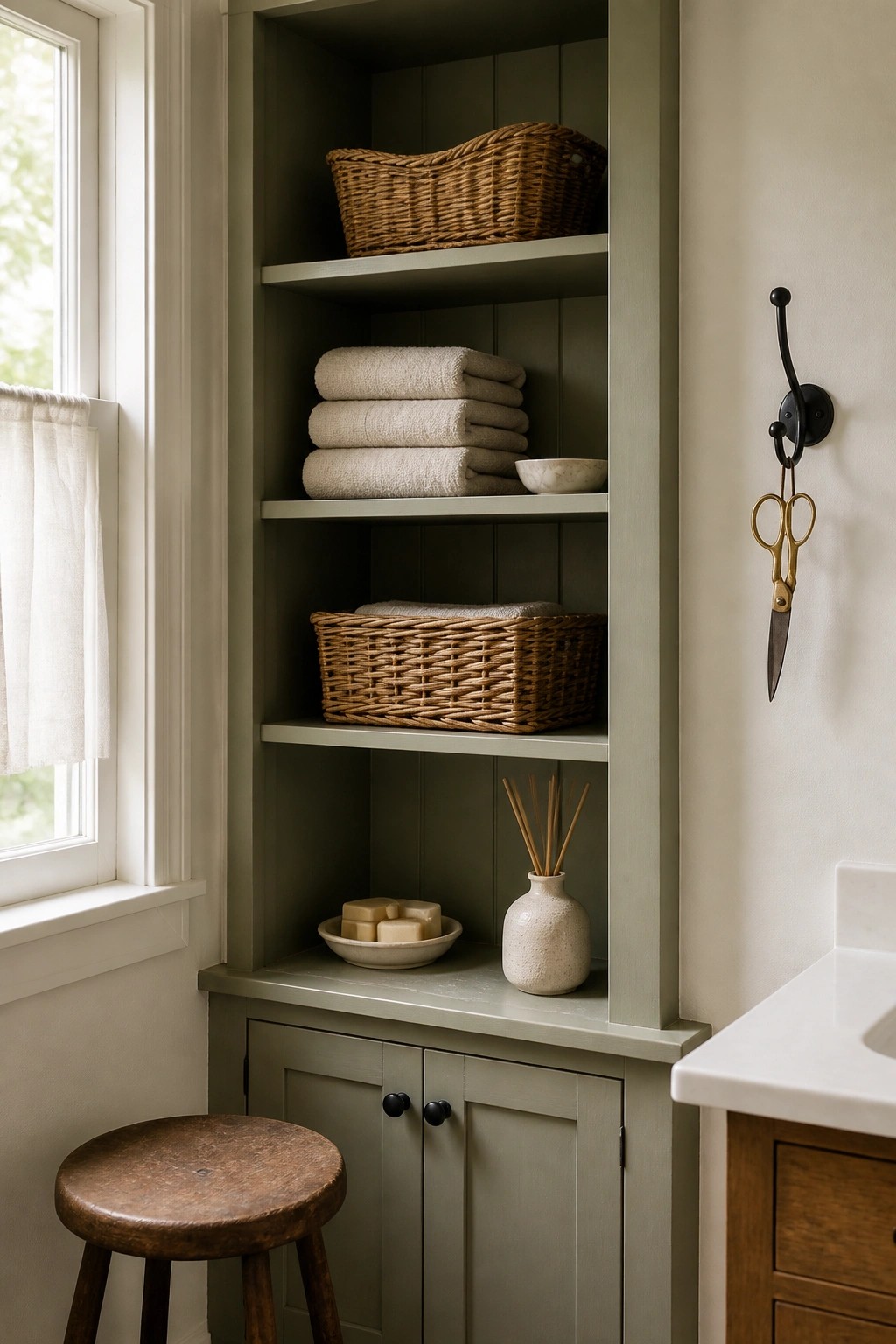Green shelves display woven baskets, towels, and soap above cabinets with wooden stool nearby.