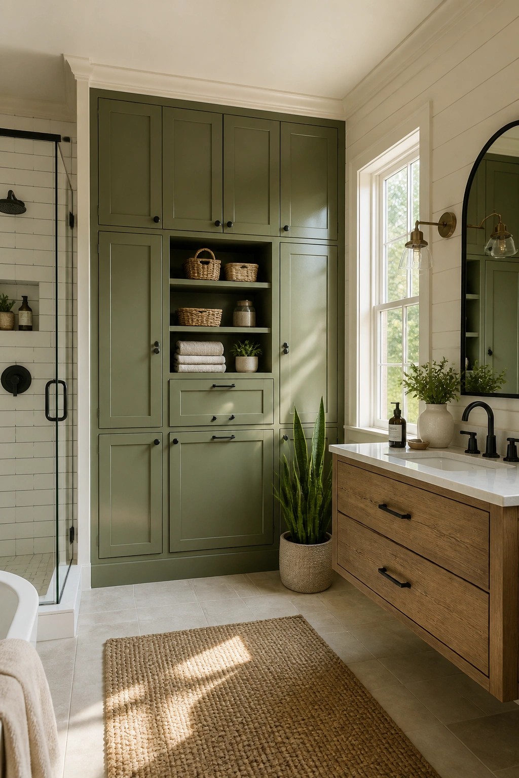 Sage green cabinets in a farmhouse bathroom with a wood vanity.
