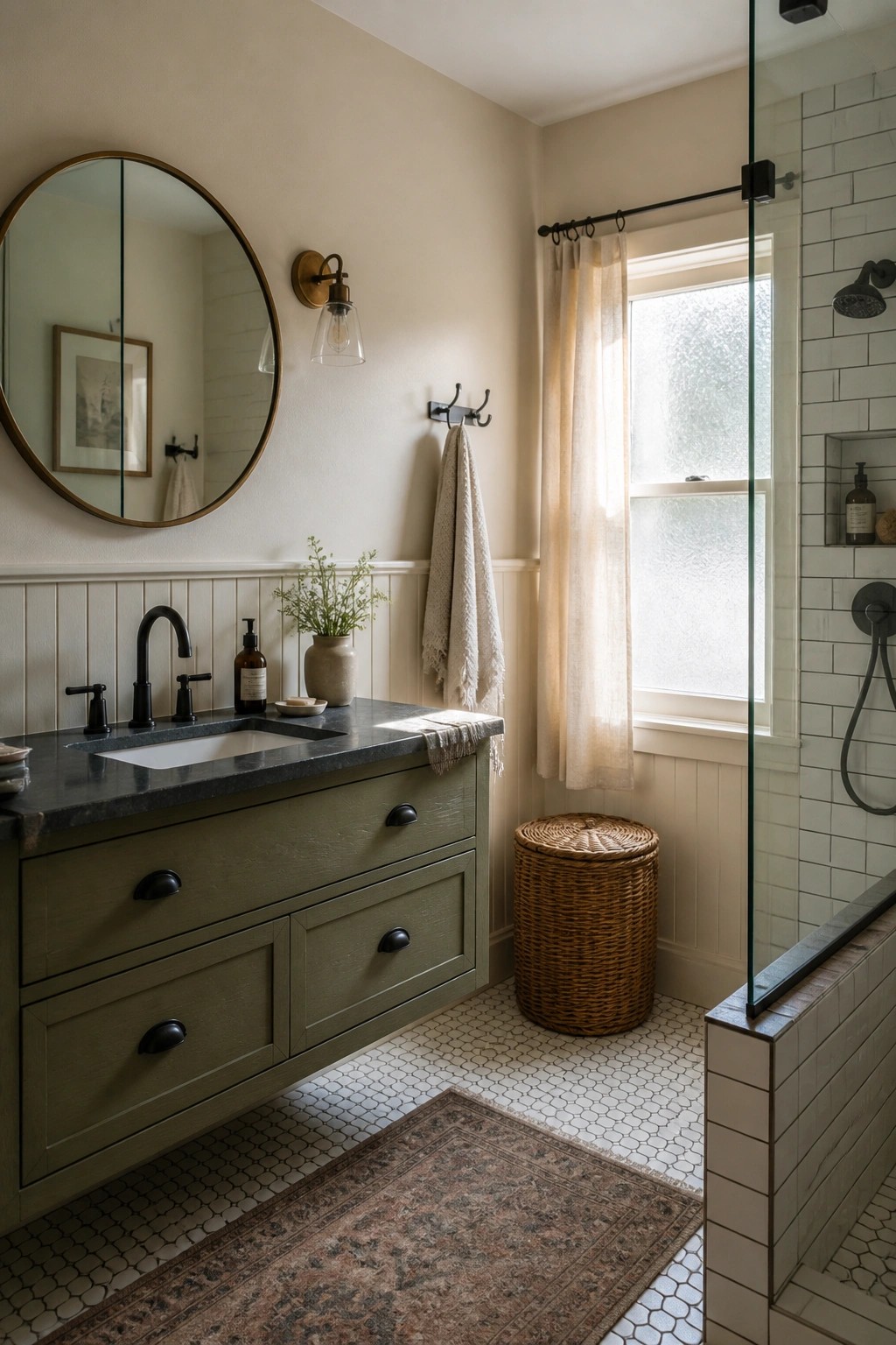 A farmhouse bathroom with sage green painted vanity cabinets and cream walls.