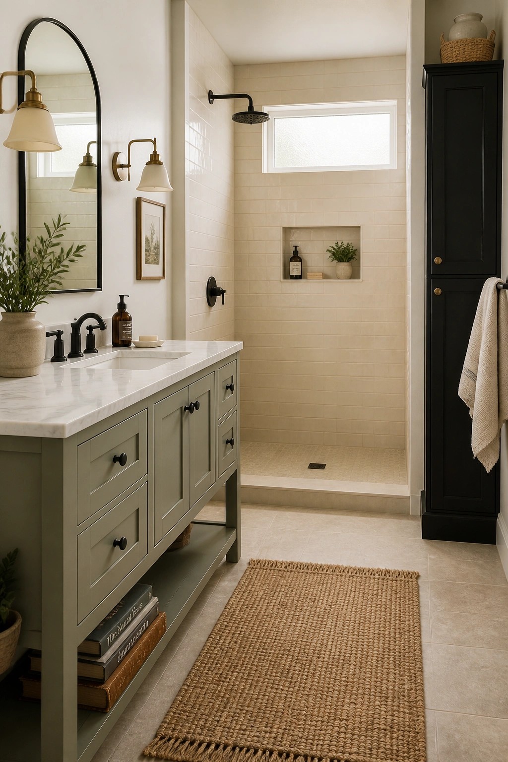 Sage green painted vanity cabinets in a tiled bathroom.