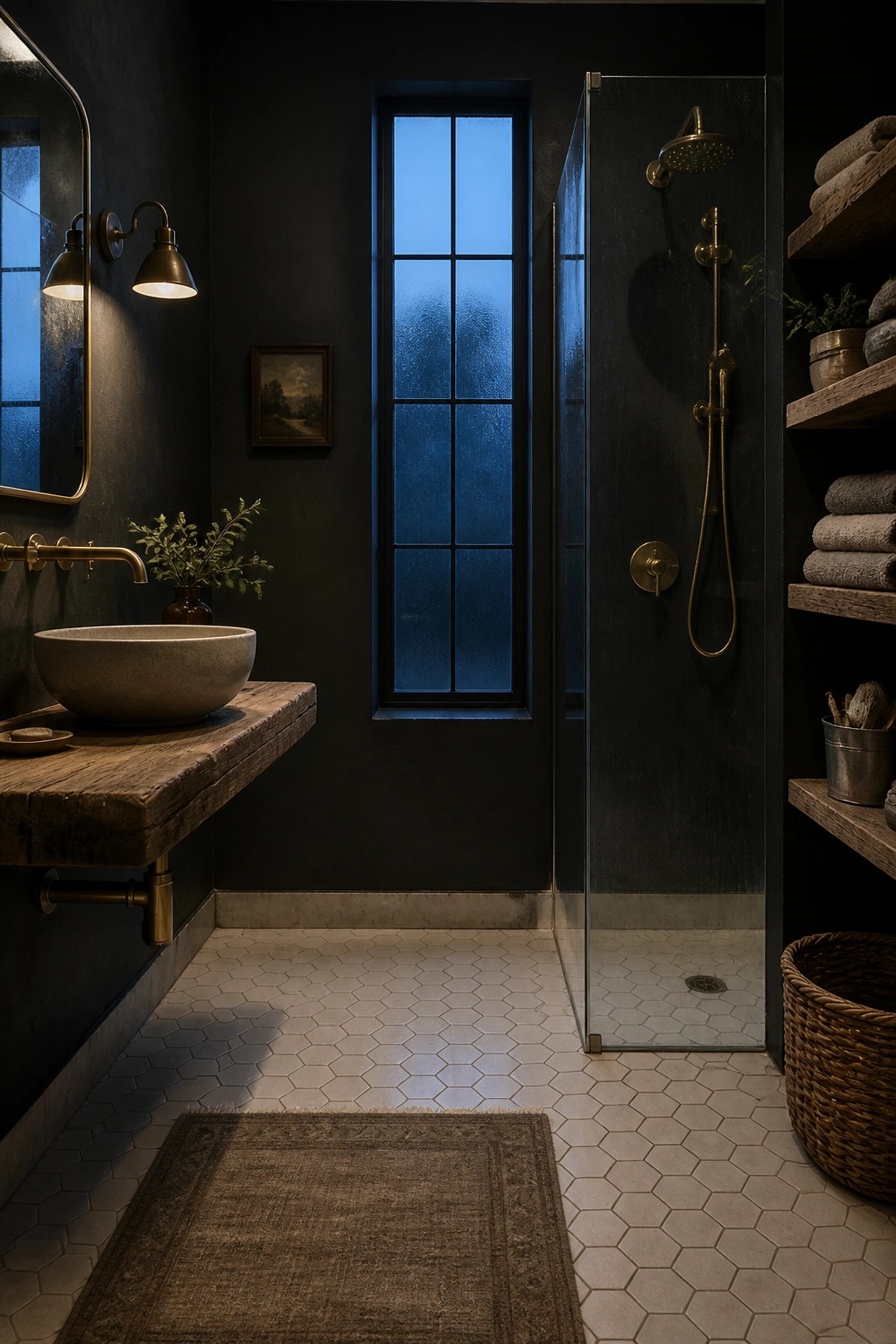 Dark soft black walls in a rustic bathroom with wood vanity and white tile floor.