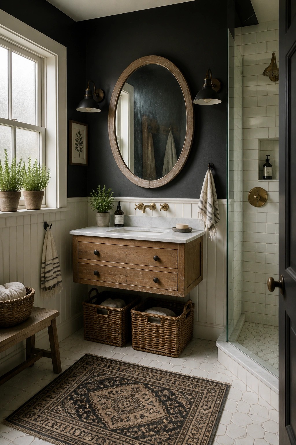 Bathroom walls painted in a soft black above white beadboard with a wood vanity and round mirror.