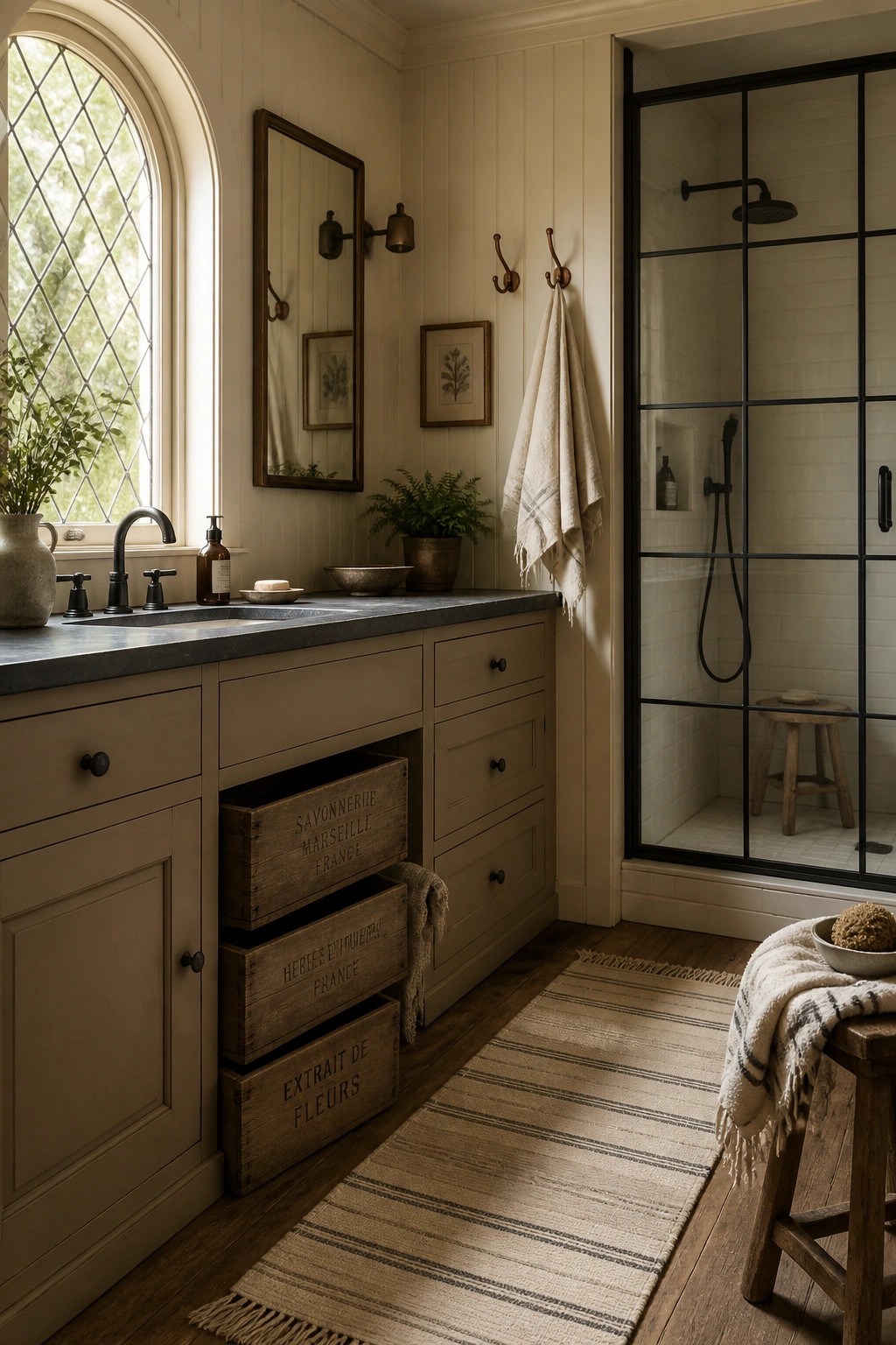Cream walls in a rustic bathroom with a wooden vanity and black shower frame.