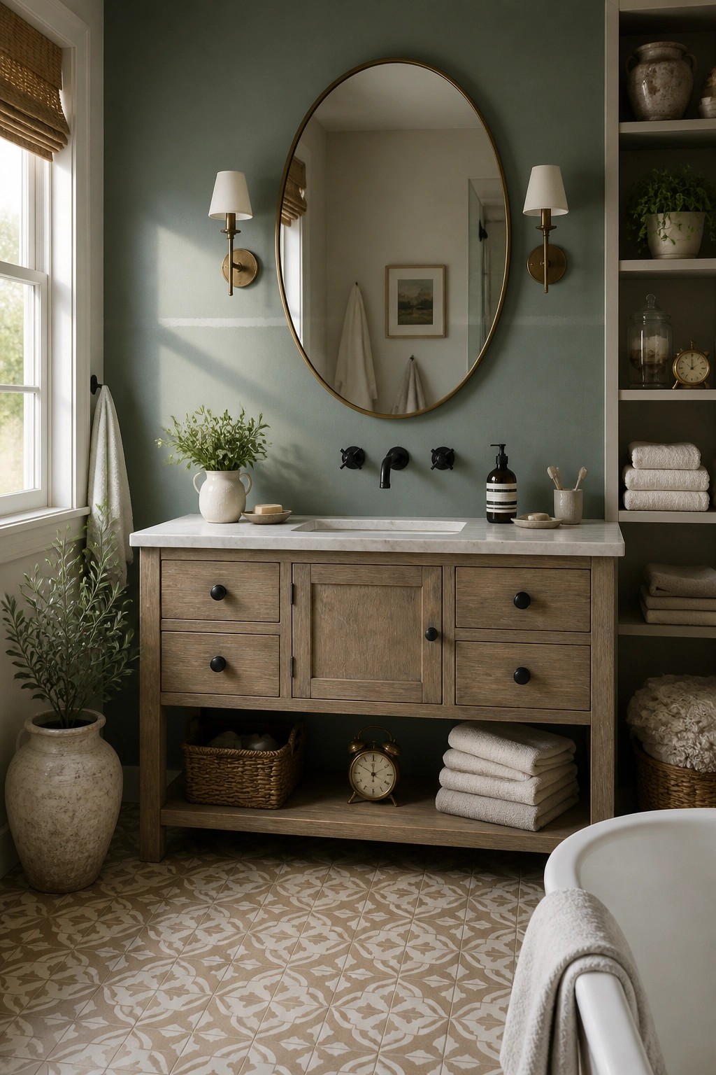 A bathroom with soft sage green walls and a wood vanity.