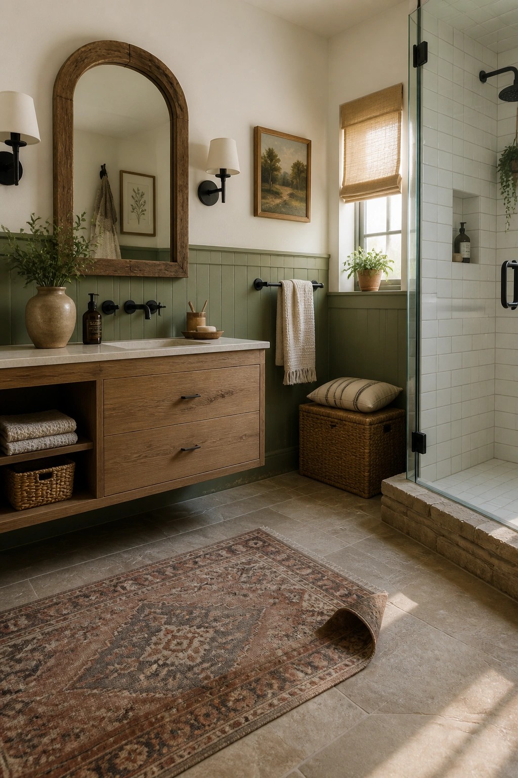 Sage green wainscoting on the walls of a rustic bathroom.
