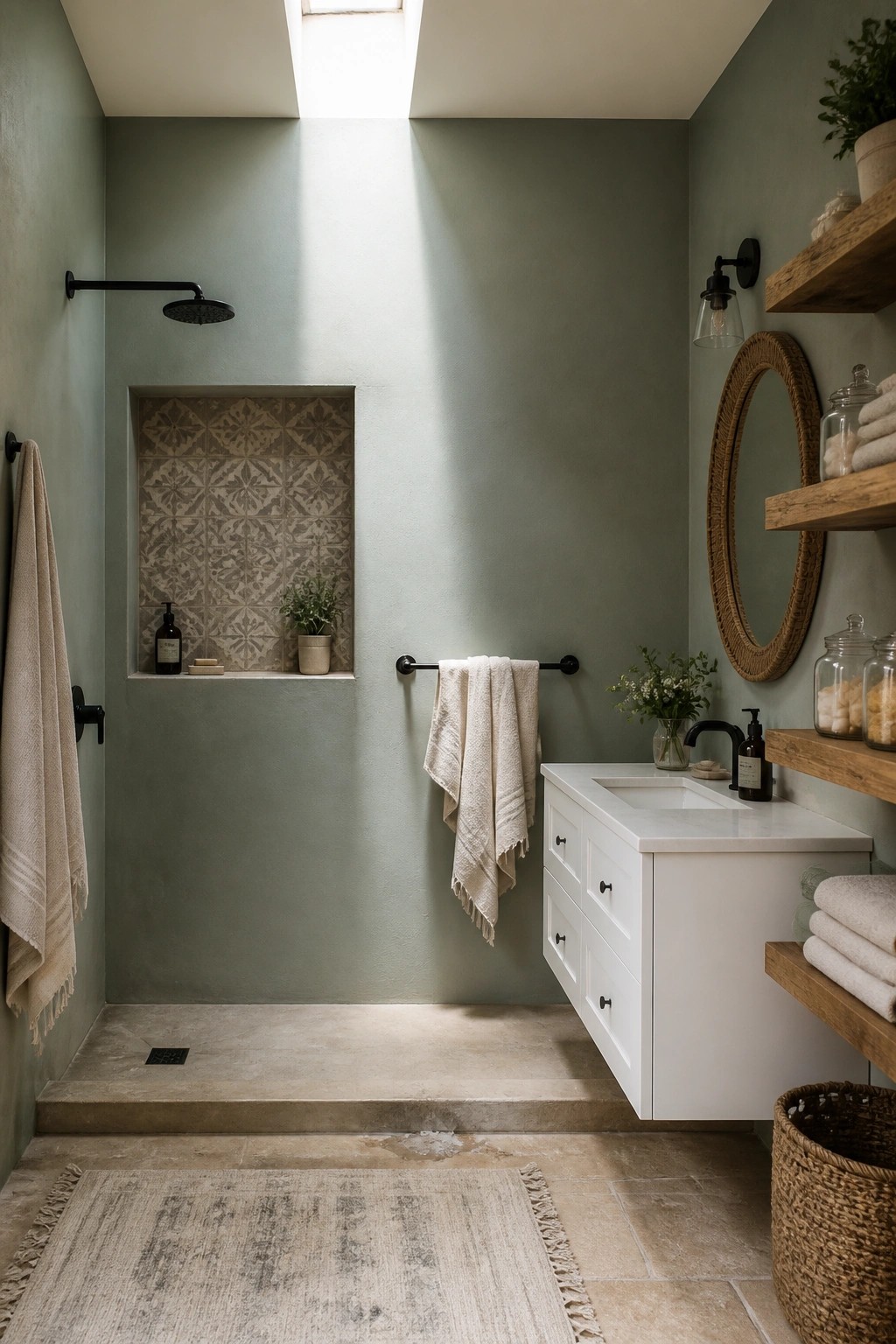 Modern bathroom with sage green walls, white vanity, wood shelves, and skylit shower.