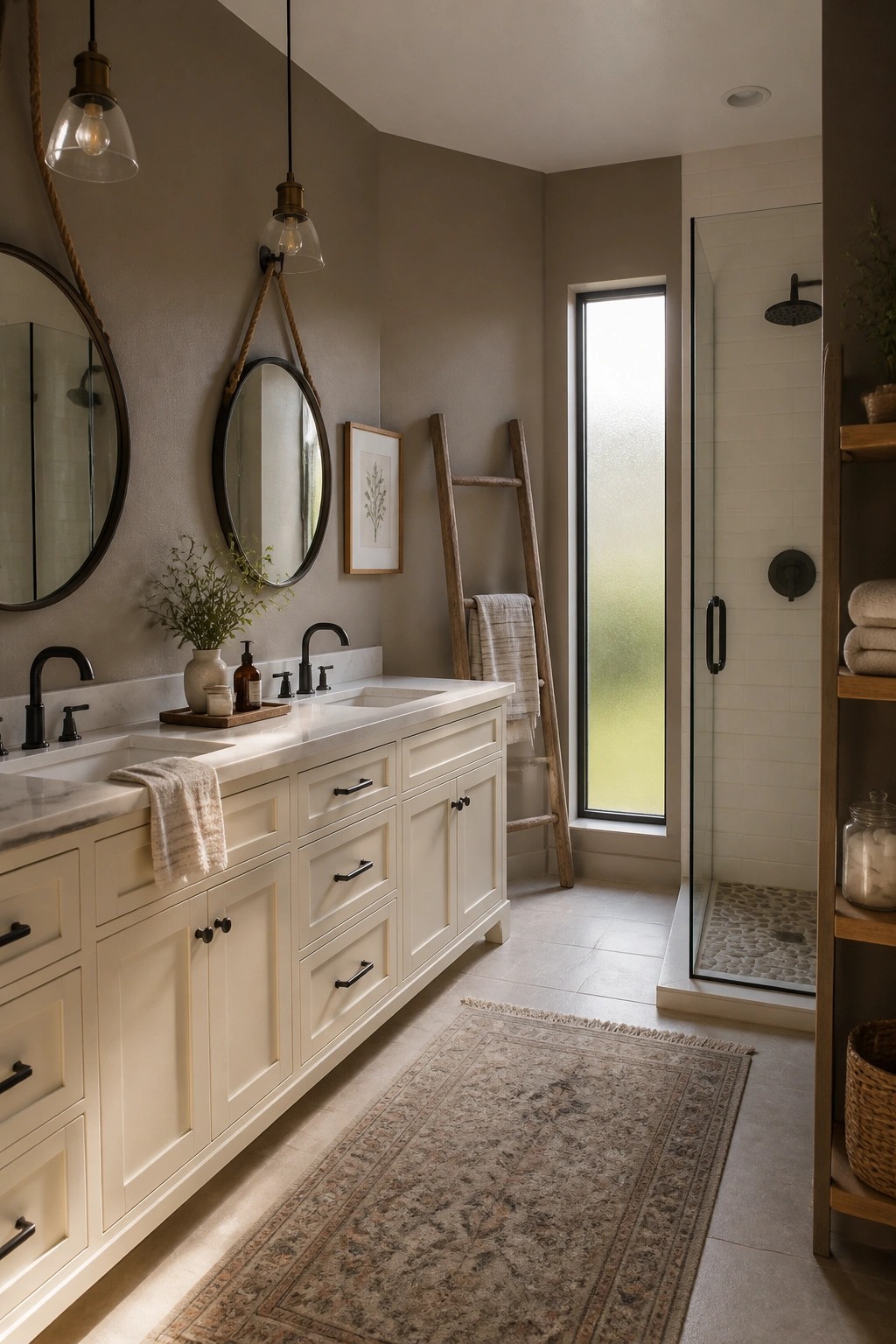 Warm taupe walls in a rustic farmhouse bathroom with cream cabinetry and black fixtures.