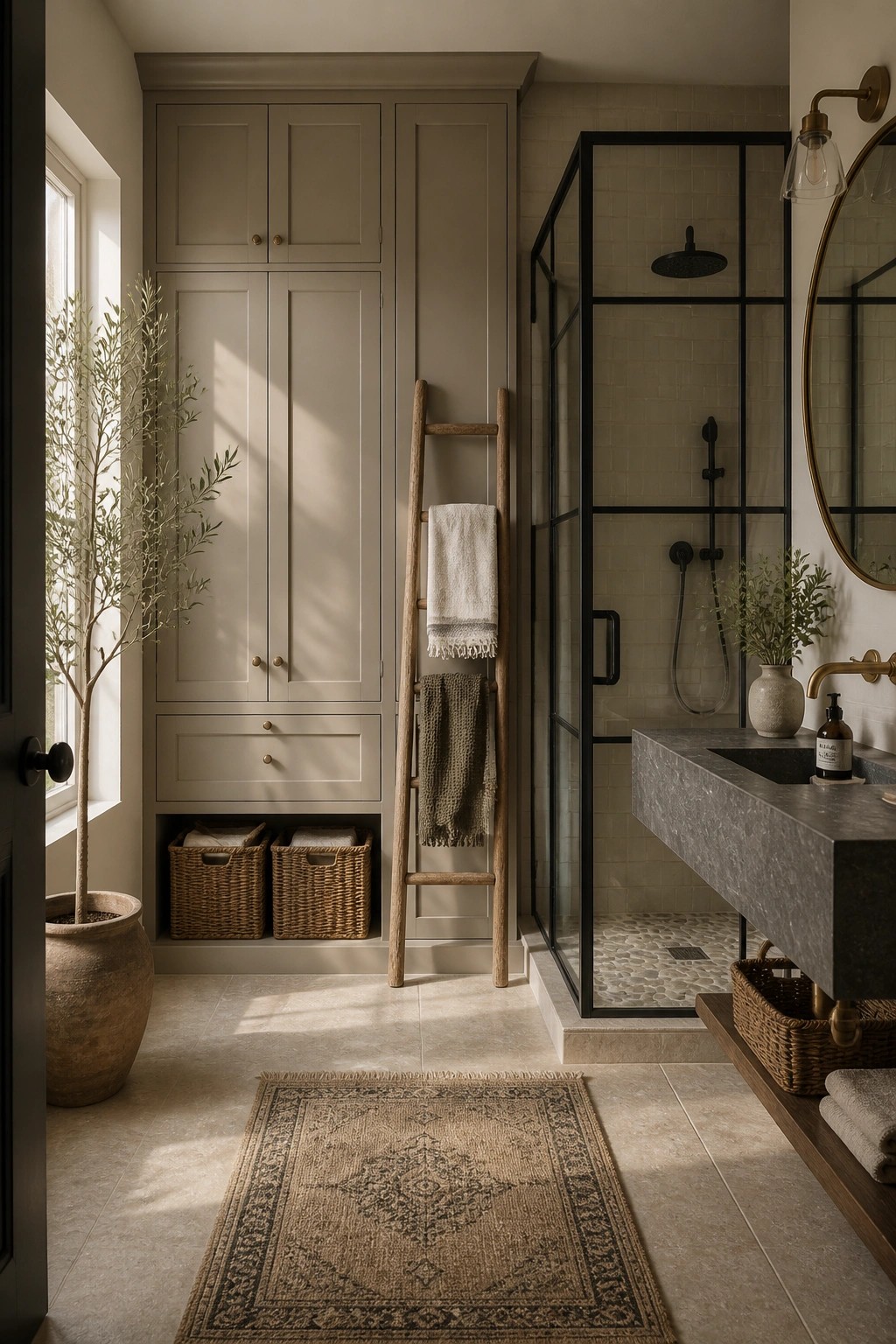 Bathroom with soft taupe painted cabinets and a wooden ladder.