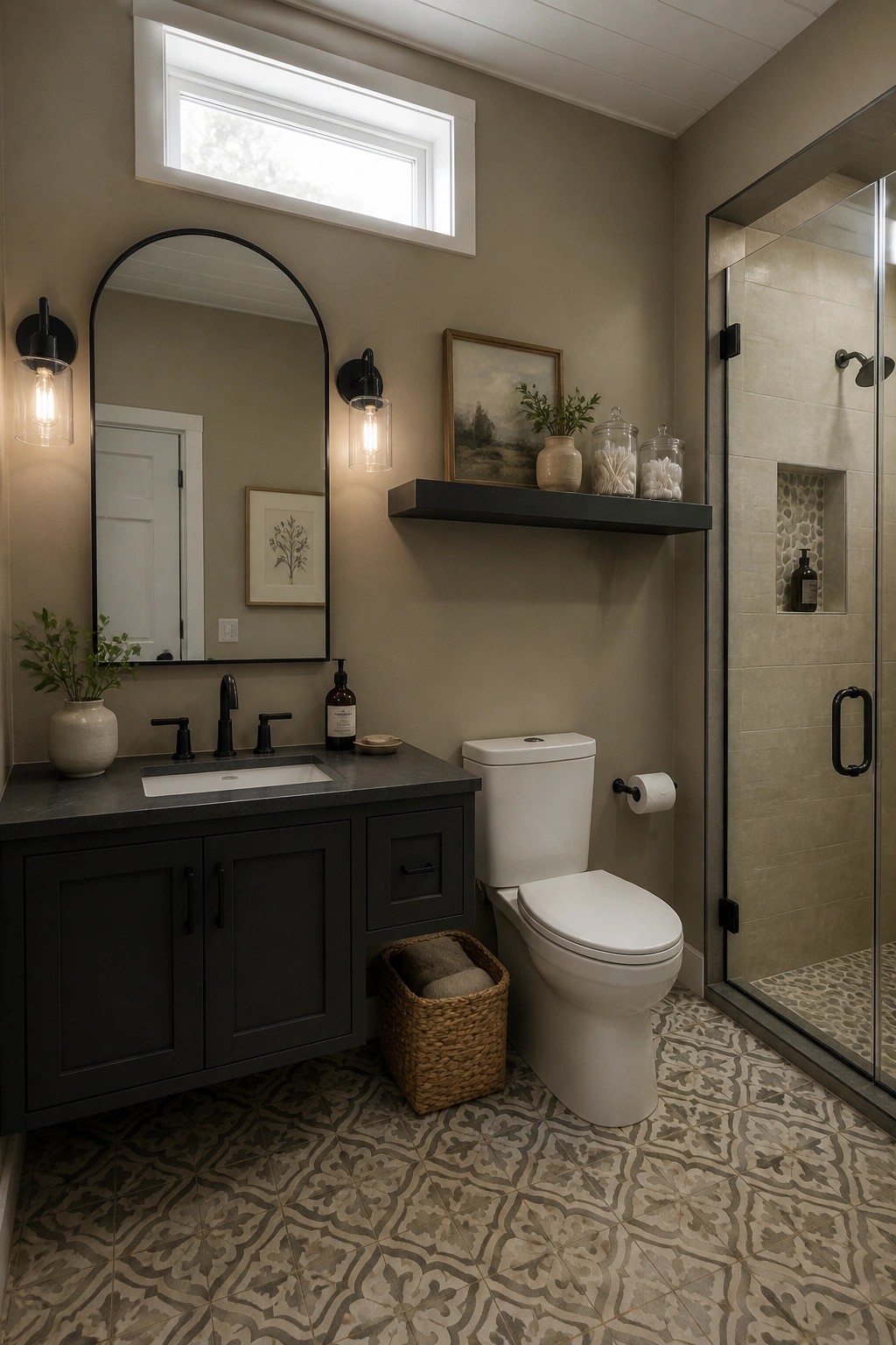 Bathroom walls painted in a soft taupe color next to a dark vanity and patterned floor.