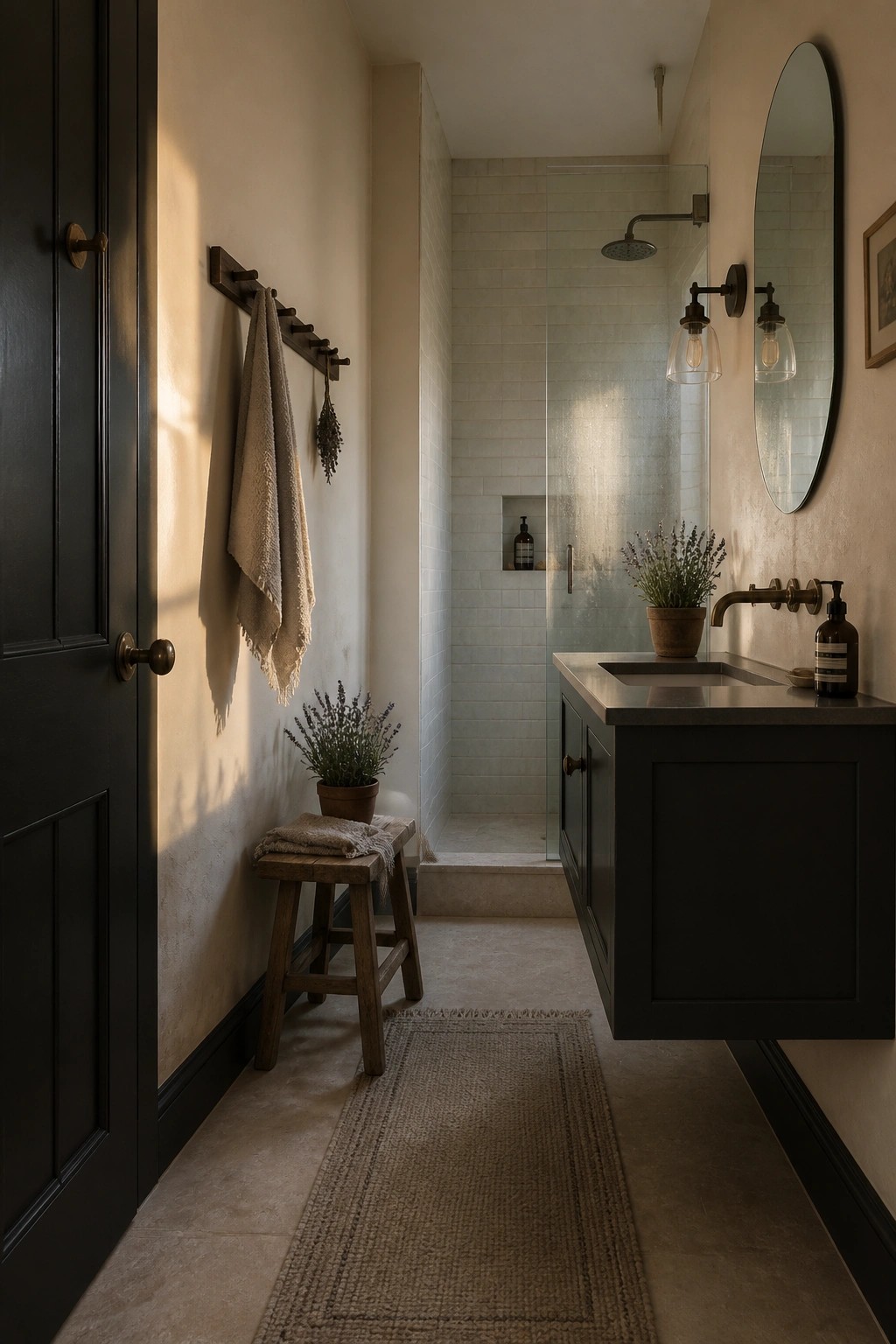 A rustic bathroom with warm cream walls and a dark floating vanity.