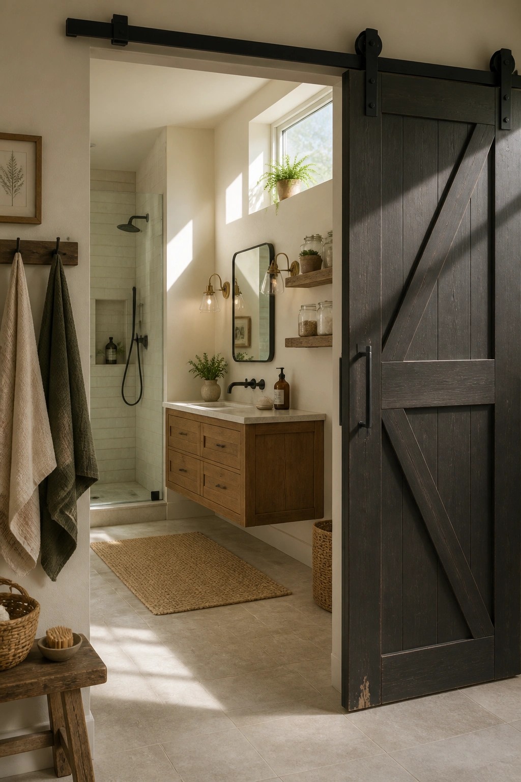 Cream painted walls in a rustic bathroom with wood vanity and dark sliding door.