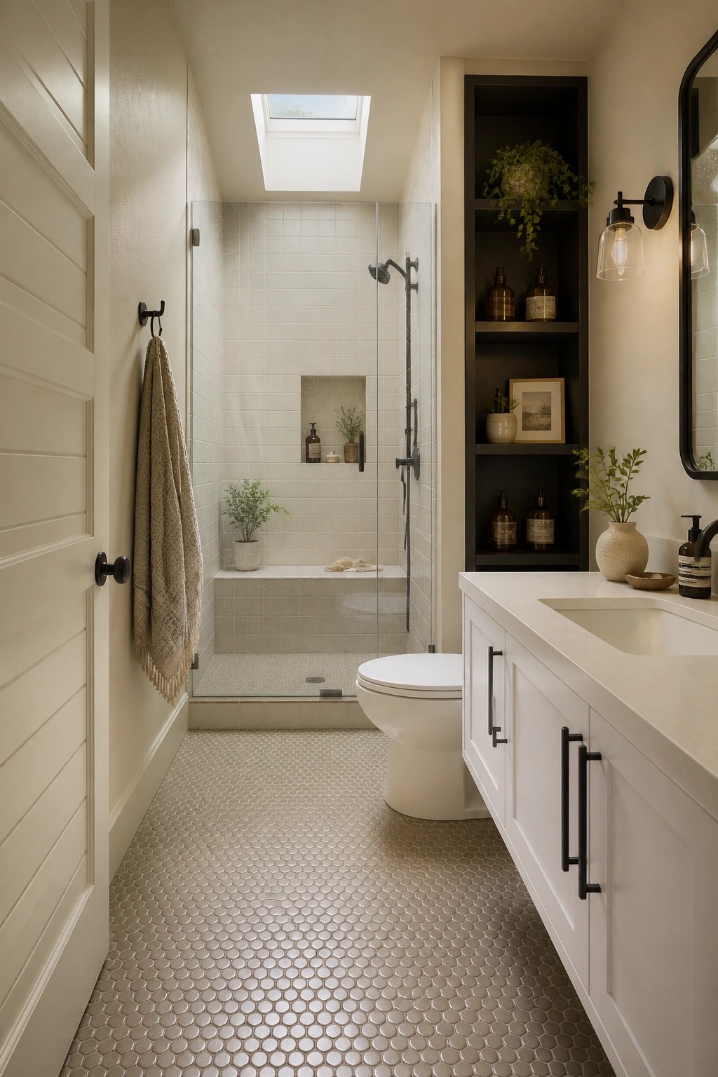 Warm cream walls in a rustic farmhouse bathroom with white tile and dark shelving.