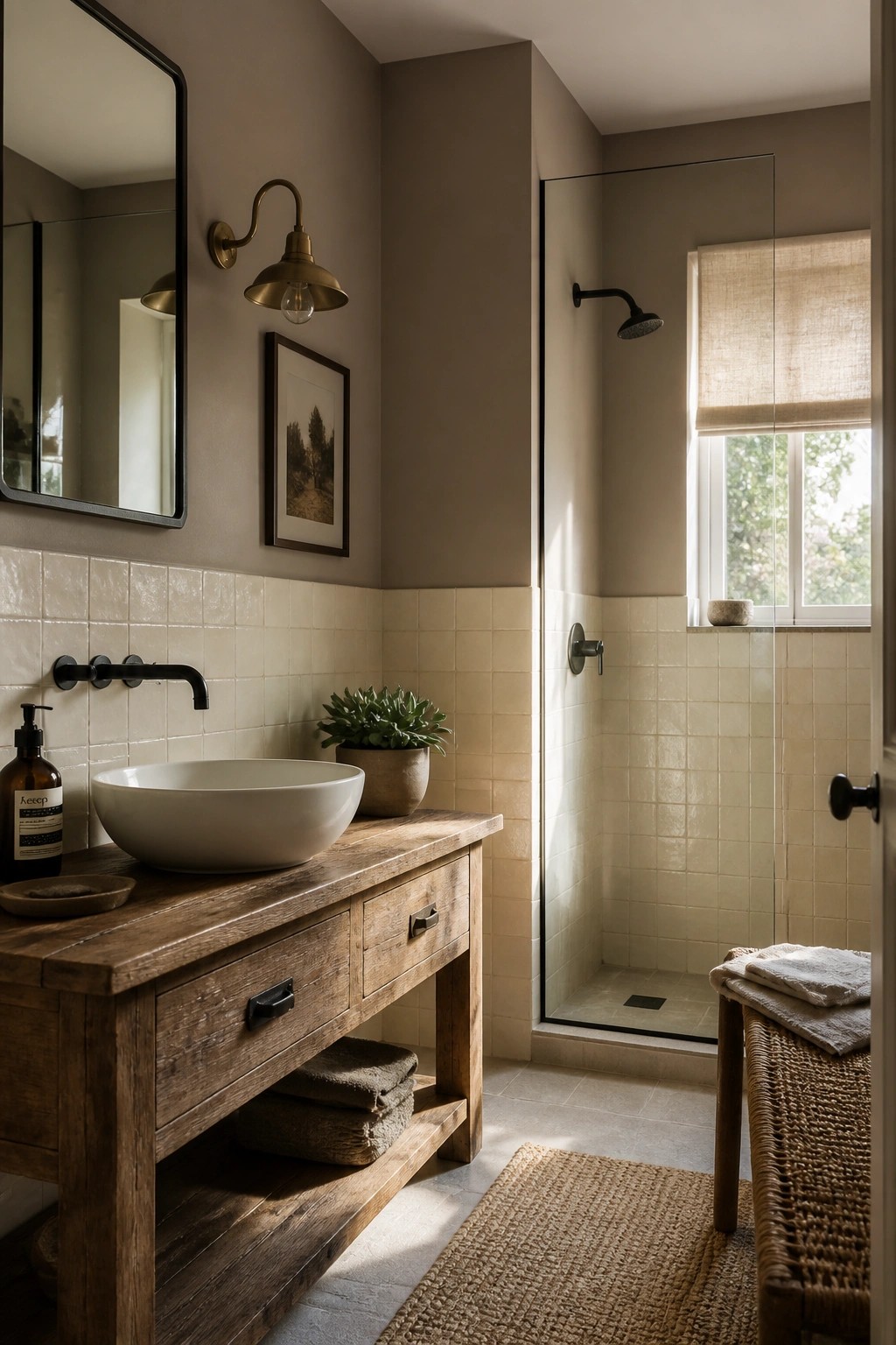 A bathroom with warm taupe walls above cream tile and a wooden vanity.