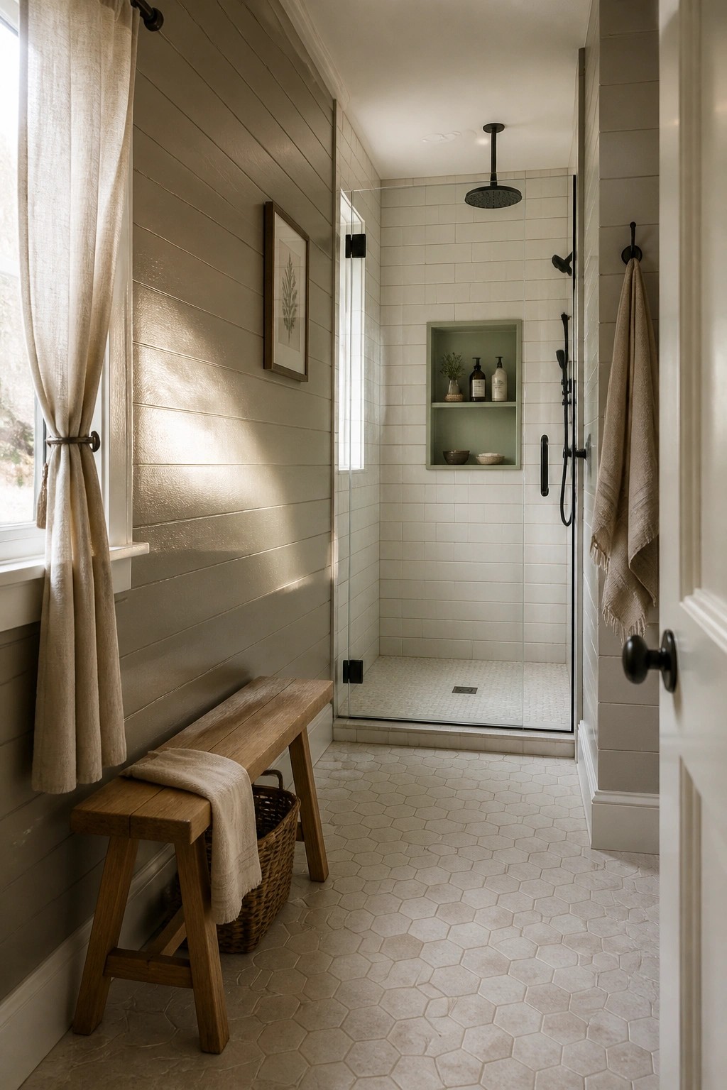A bathroom with soft taupe shiplap walls and a white tiled shower.