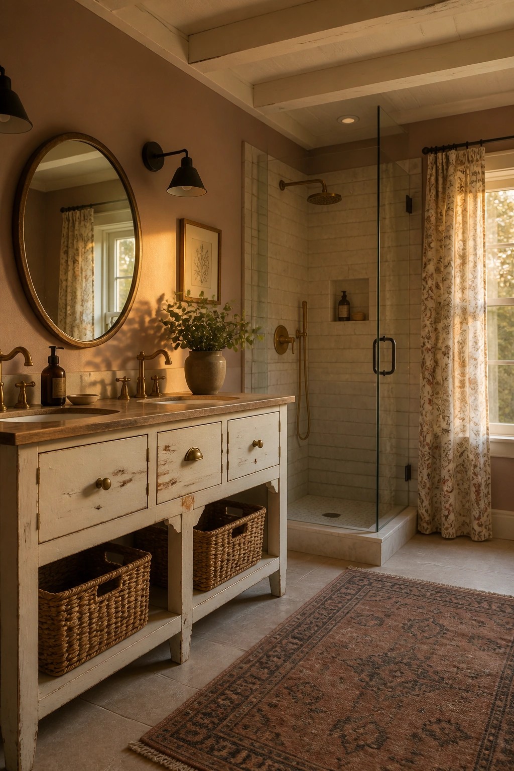 A rustic bathroom with warm taupe walls and a whitewashed wood vanity.