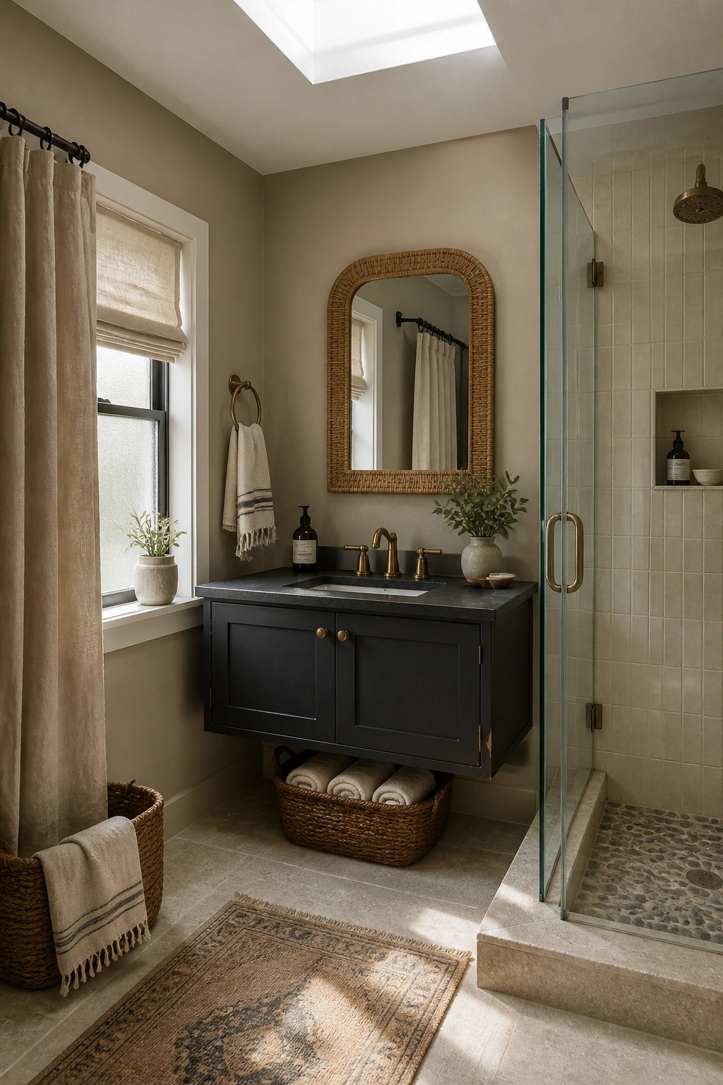 A bathroom with warm taupe walls and a dark floating vanity.