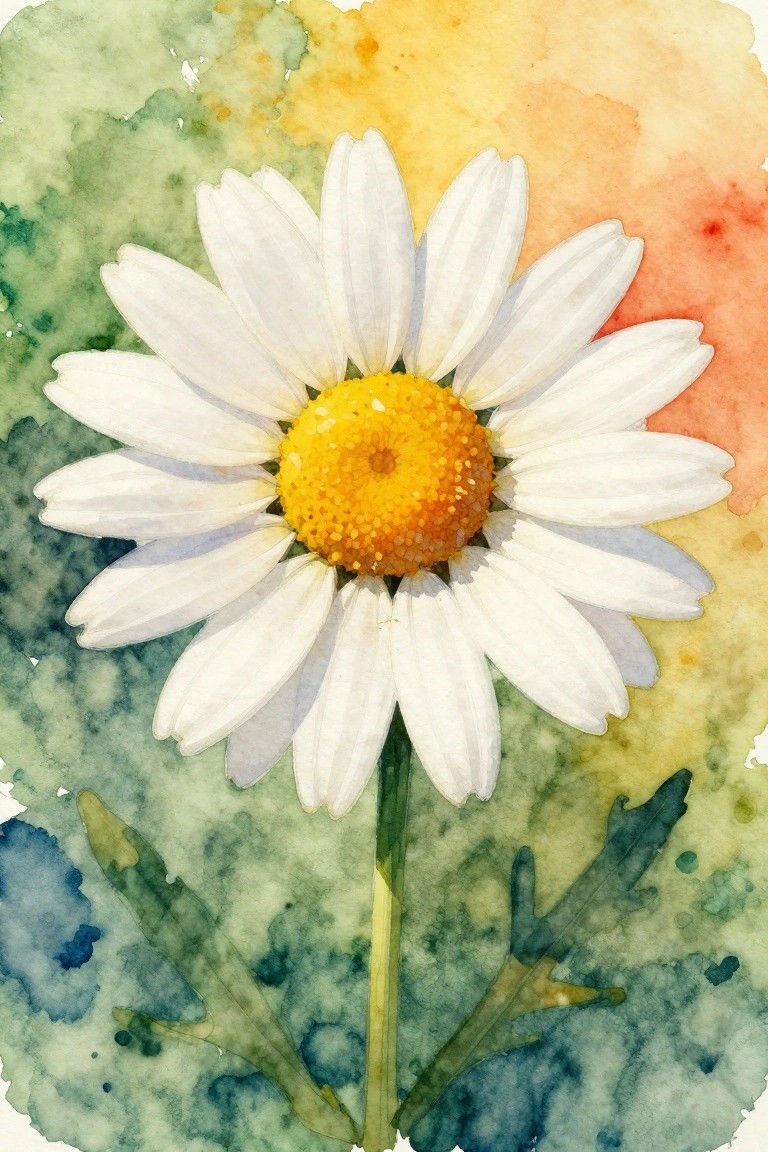 A watercolor painting of a white daisy with a yellow center and green leaves against a background of blended green, yellow, and orange washes.
