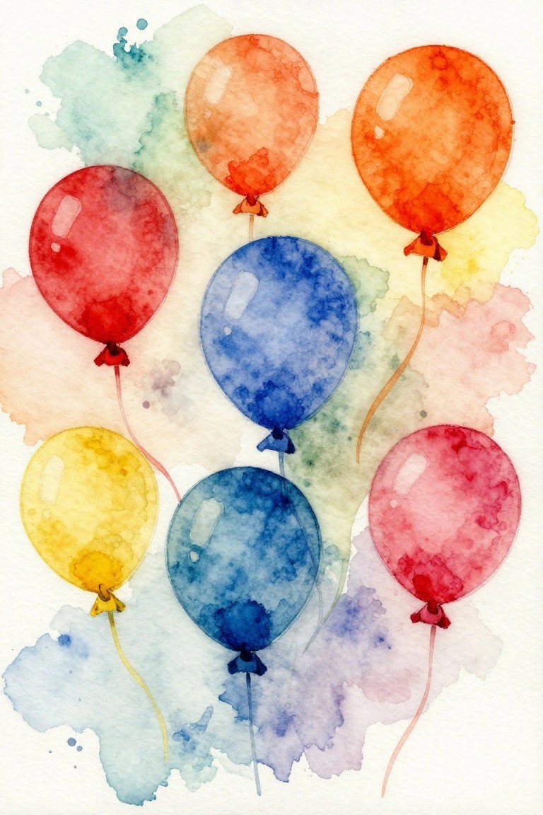 Watercolor painting of vibrant red, blue, yellow, orange, and pink balloons with strings.