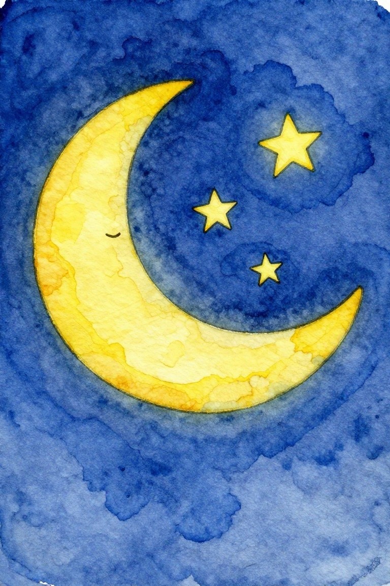 Watercolor yellow crescent moon with smiling face and three stars in blue sky