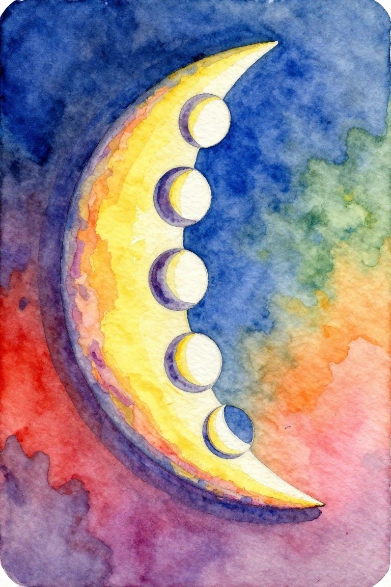Watercolor crescent moon with phases on vibrant blue, red, and orange background