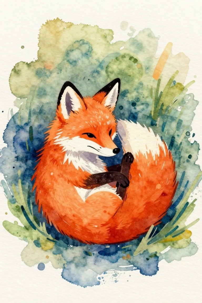 Watercolor painting of curled orange fox resting amid blue and green splashes.