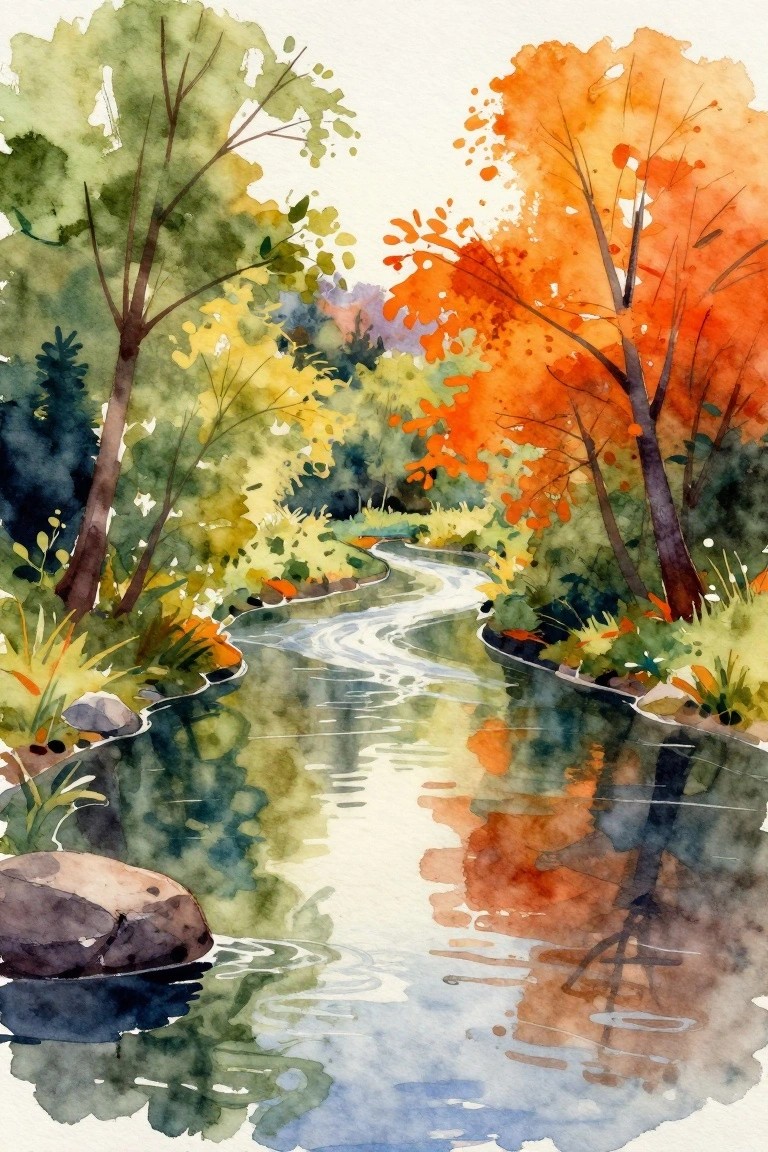Watercolor of winding stream reflecting autumn trees with orange green foliage and rocks.