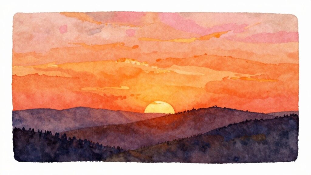 Watercolor sunset over rolling hills with orange-pink clouds, glowing sun, and wildflower field.