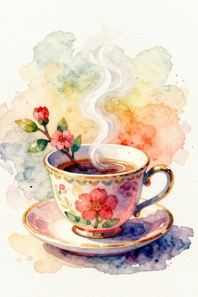 Watercolor of steaming floral teacup with saucer, pink flowers, and colorful background.