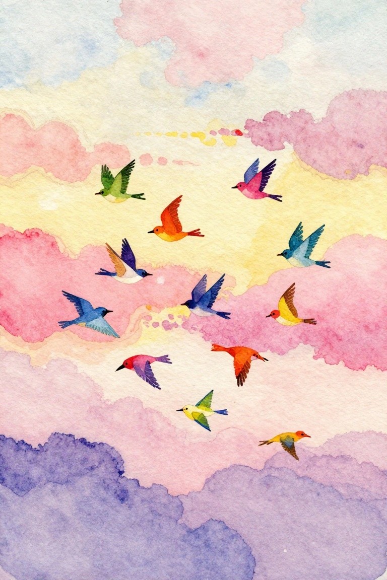 Colorful birds soaring through pastel clouds along a dotted yellow path