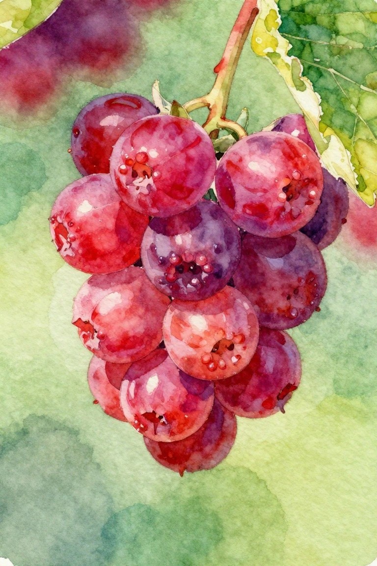 Watercolor painting of glossy red-purple grapes with green leaves on vine